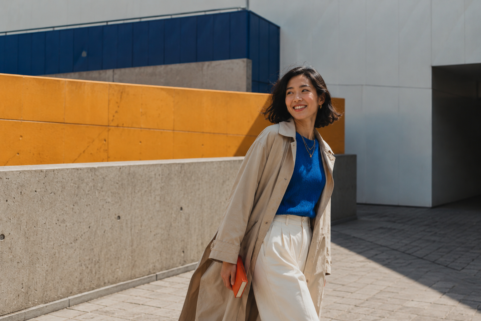 Woman in long coat and blue jumper