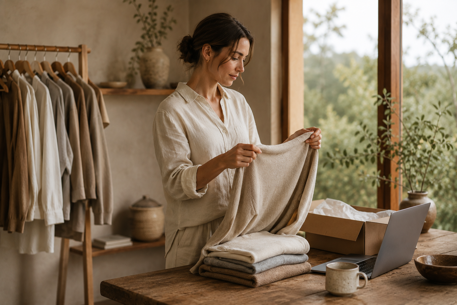Stylist inspecting linen garments in her studio