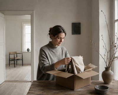 A woman in a cozy gray sweater unwraps fabric from a cardboard delivery box in a minimalist, warmly lit living space.