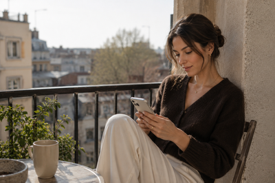 A young woman with hair in a bun, wearing a dark sweater and white pants, sits relaxed on a balcony with a city view as she browses her smartphone.