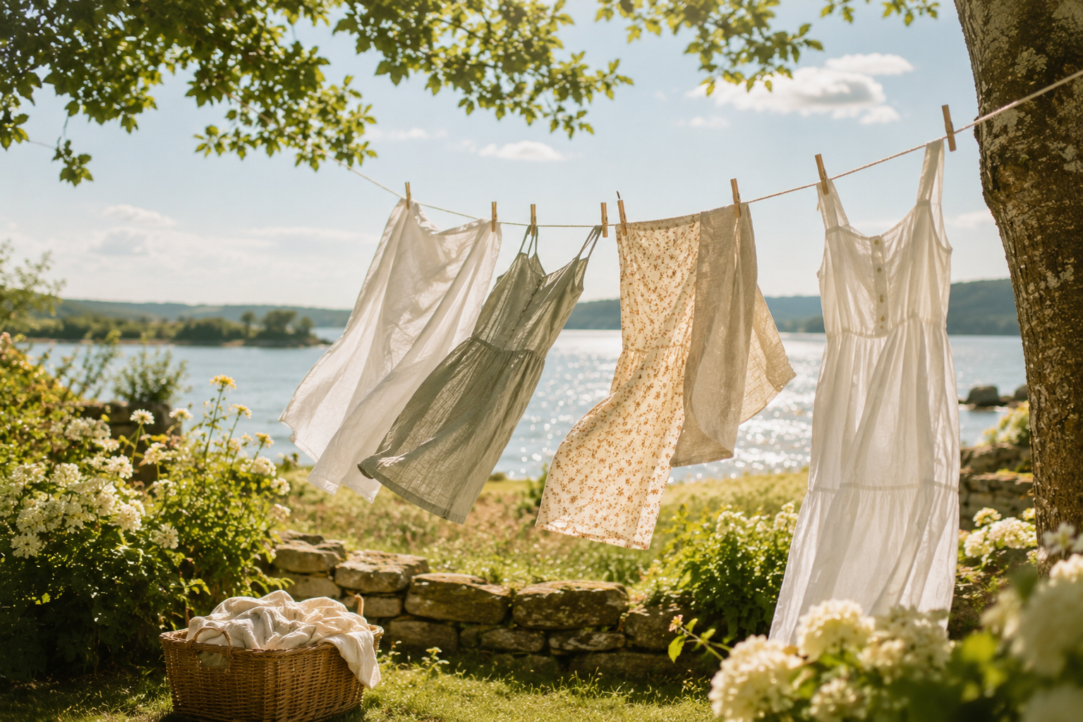 Linen dresses drying in a lakeside garden