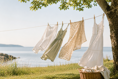 Light summer dresses in pastel and floral patterns sway on a clothesline strung between trees beside a basket of laundry, with the sea glimmering in the background.