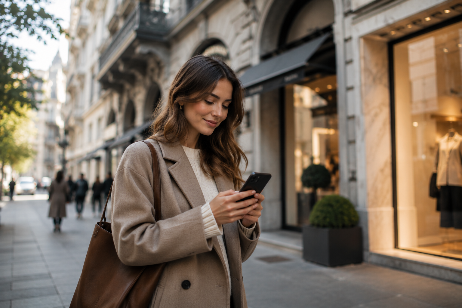 Woman checking her phone while shopping in the city