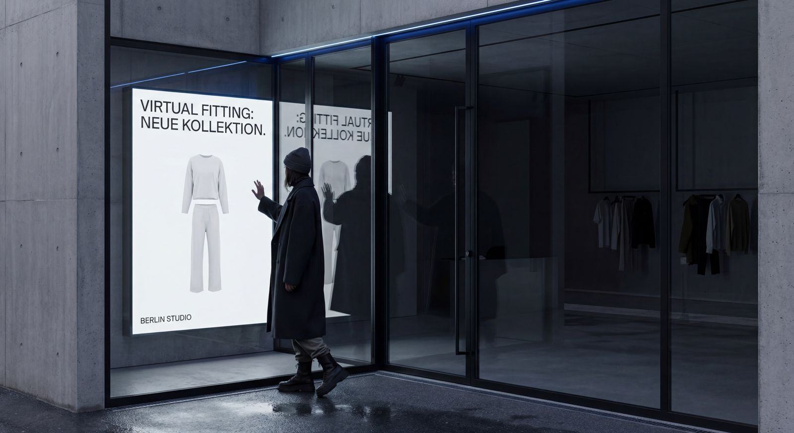 woman looking at a poster for virtual try-on