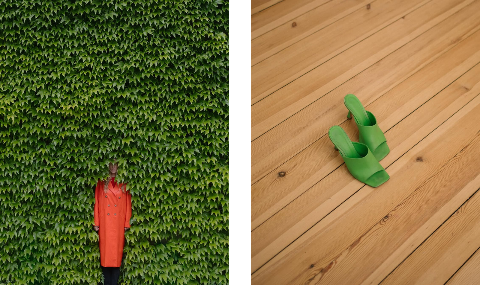 woman in coat standing in a bush and green shoes on wooden floor