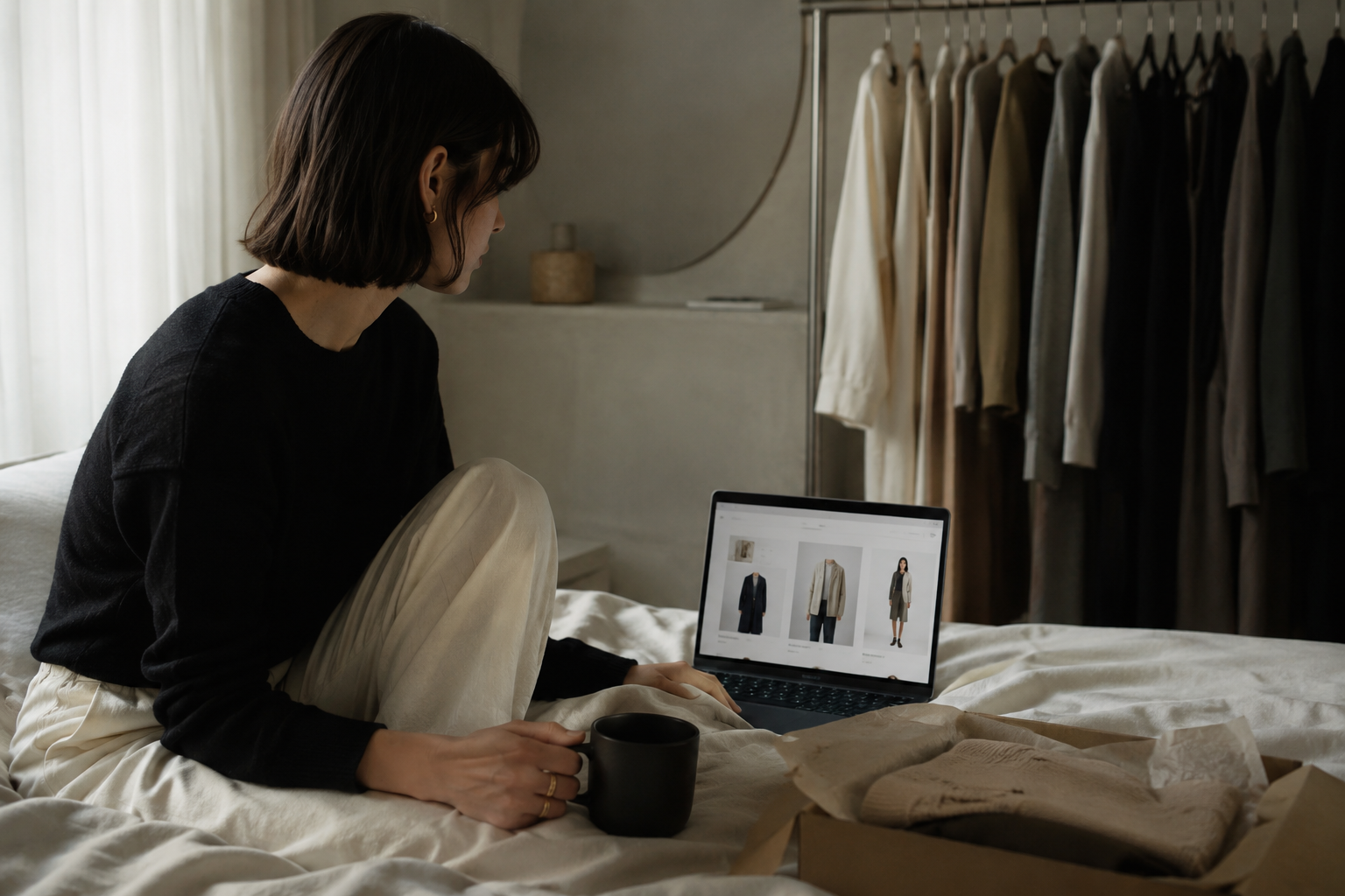 woman sitting in bedroom shopping online