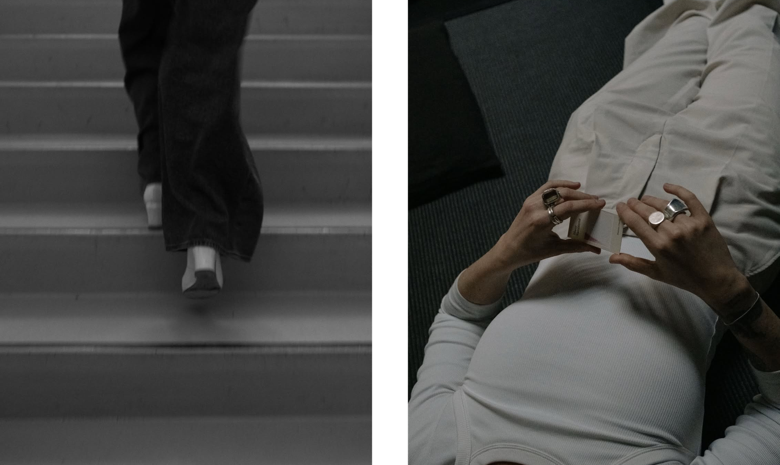 Woman walking up stairs and another laying on a sofa