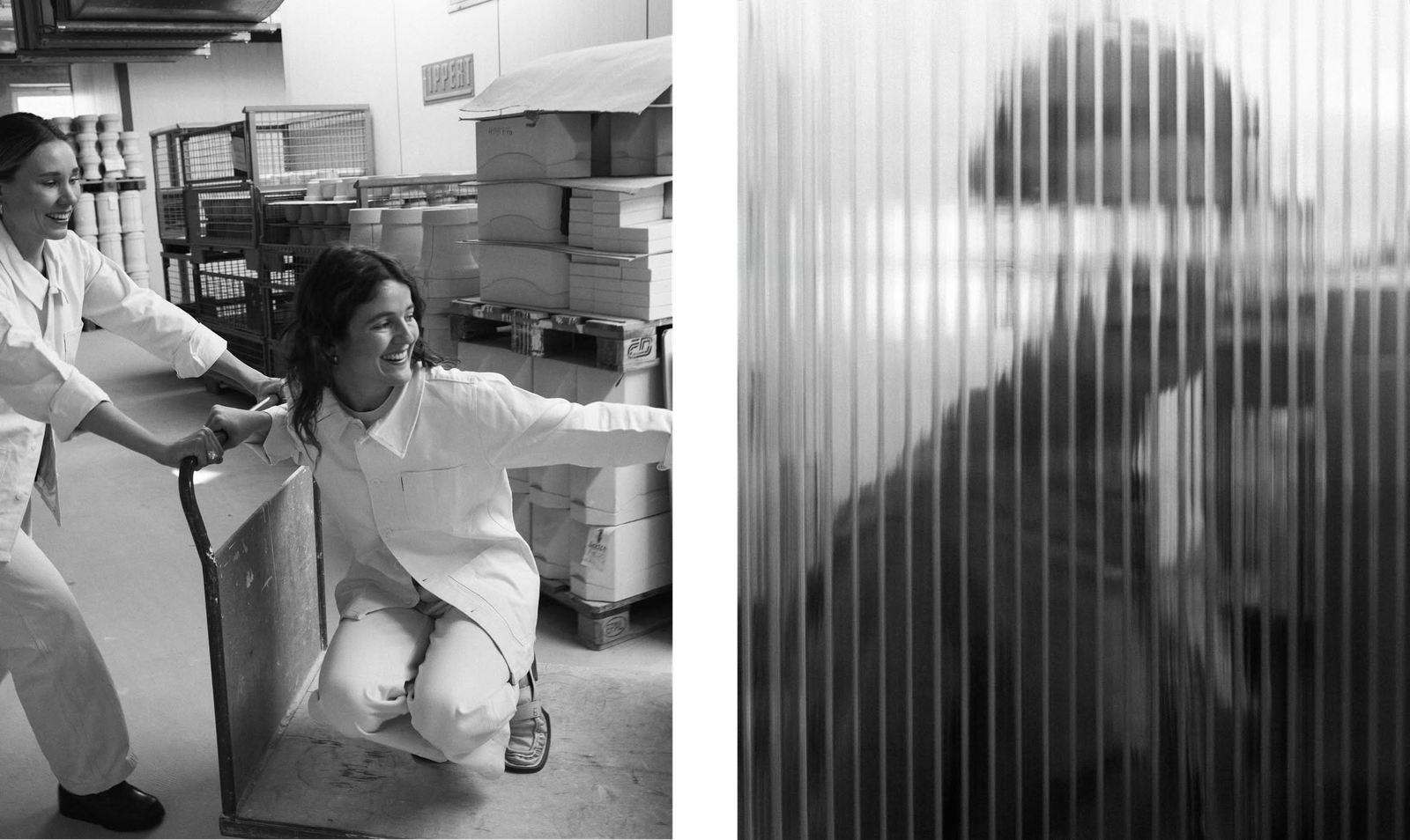 women in a storage room and person behind door